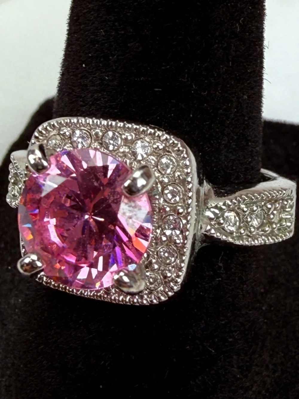 Vintage Silvertone, large pink stone ring